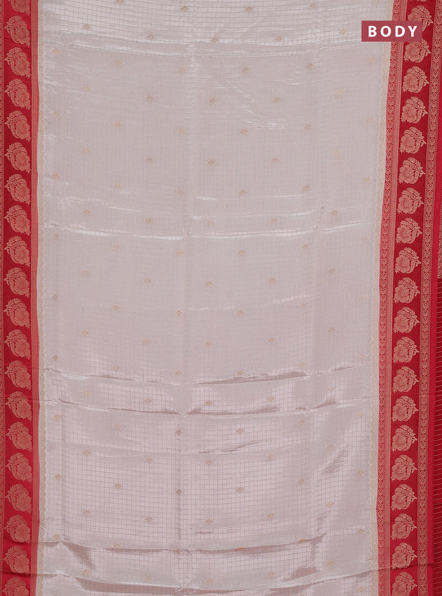 Semi mysore silk saree off white and red with allover small zari checks & buttas and floral zari woven border