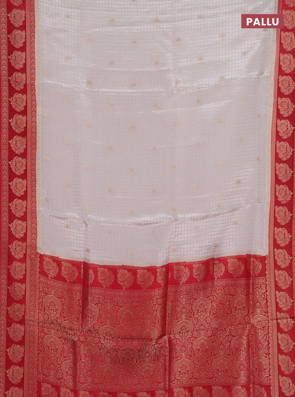 Semi mysore silk saree off white and red with allover small zari checks & buttas and floral zari woven border