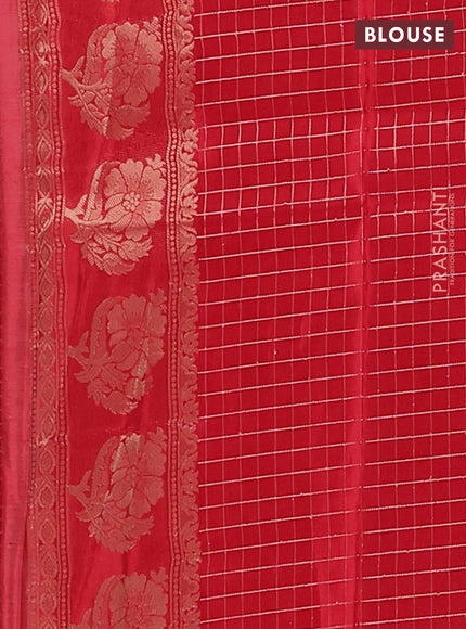 Semi mysore silk saree off white and red with allover small zari checks & buttas and floral zari woven border