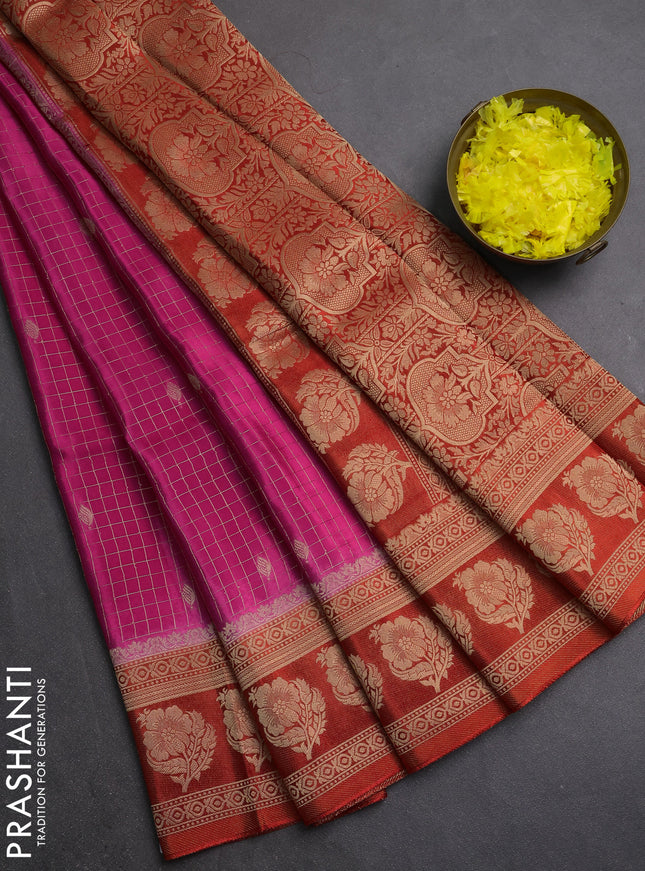 Semi mysore silk saree pink and red shade with allover small zari checks & buttas and floral zari woven border