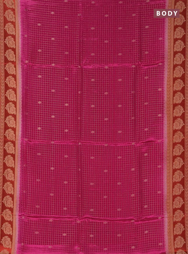 Semi mysore silk saree pink and red shade with allover small zari checks & buttas and floral zari woven border