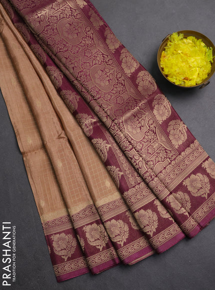 Semi mysore silk saree sandal and wine shade with allover small zari checks & buttas and floral zari woven border