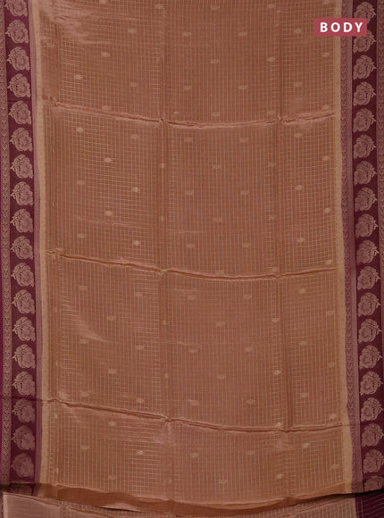Semi mysore silk saree sandal and wine shade with allover small zari checks & buttas and floral zari woven border