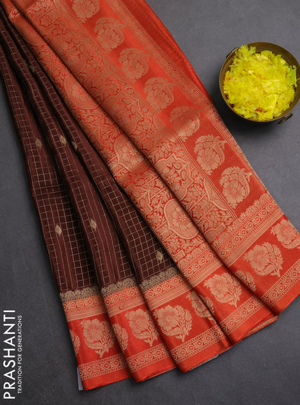 Semi mysore silk saree coffee brown and orange with allover small zari checks & buttas and floral zari woven border