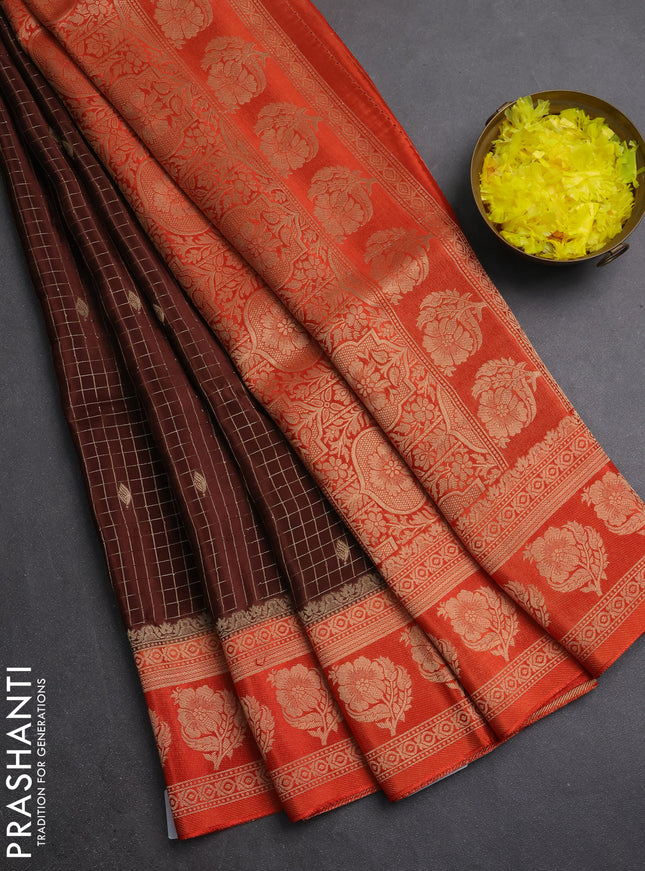 Semi mysore silk saree coffee brown and orange with allover small zari checks & buttas and floral zari woven border