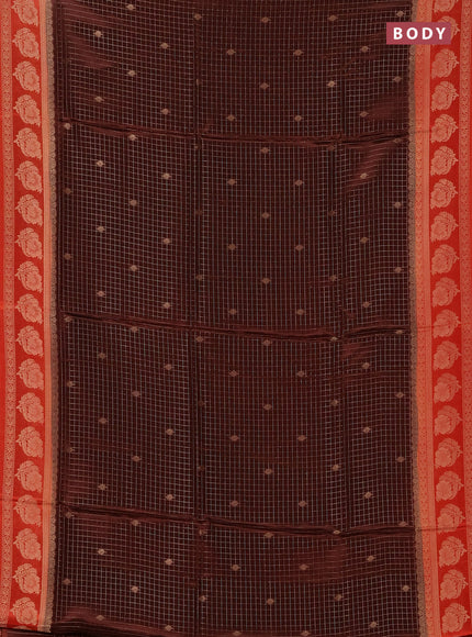 Semi mysore silk saree coffee brown and orange with allover small zari checks & buttas and floral zari woven border