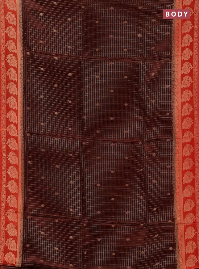 Semi mysore silk saree coffee brown and orange with allover small zari checks & buttas and floral zari woven border
