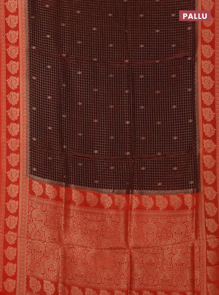 Semi mysore silk saree coffee brown and orange with allover small zari checks & buttas and floral zari woven border