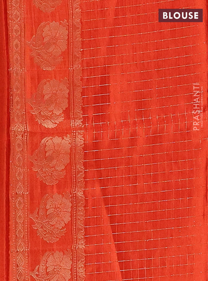Semi mysore silk saree coffee brown and orange with allover small zari checks & buttas and floral zari woven border