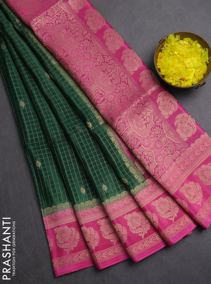 Semi mysore silk saree green and pink with allover small zari checks & buttas and floral zari woven border
