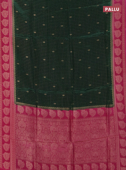 Semi mysore silk saree green and pink with allover small zari checks & buttas and floral zari woven border