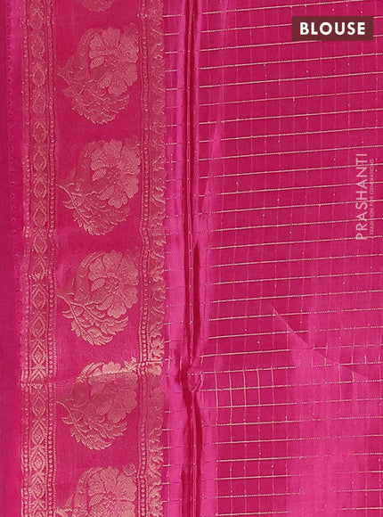 Semi mysore silk saree green and pink with allover small zari checks & buttas and floral zari woven border