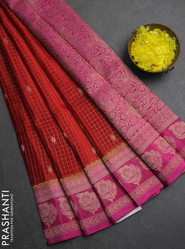 Semi mysore silk saree red and pink with allover small zari checks & buttas and floral zari woven border