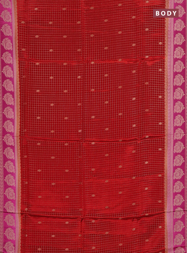 Semi mysore silk saree red and pink with allover small zari checks & buttas and floral zari woven border