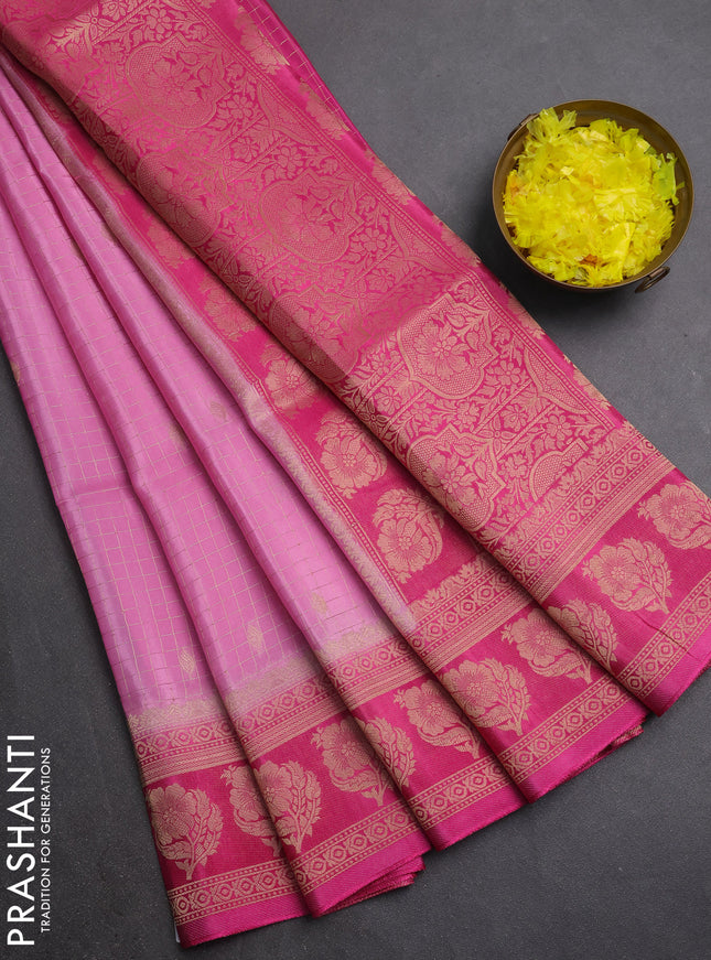 Semi mysore silk saree light pink and pink with allover small zari checks & buttas and floral zari woven border