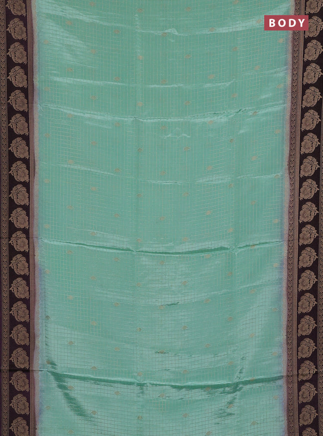 Semi mysore silk saree teal green and jamun shade with allover small zari checks & buttas and floral zari woven border
