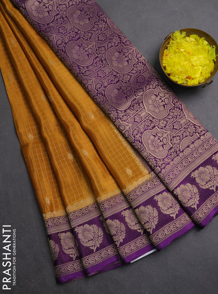 Semi mysore silk saree dark mustard and violet with allover small zari checks & buttas and floral zari woven border