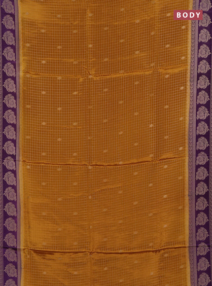 Semi mysore silk saree dark mustard and violet with allover small zari checks & buttas and floral zari woven border