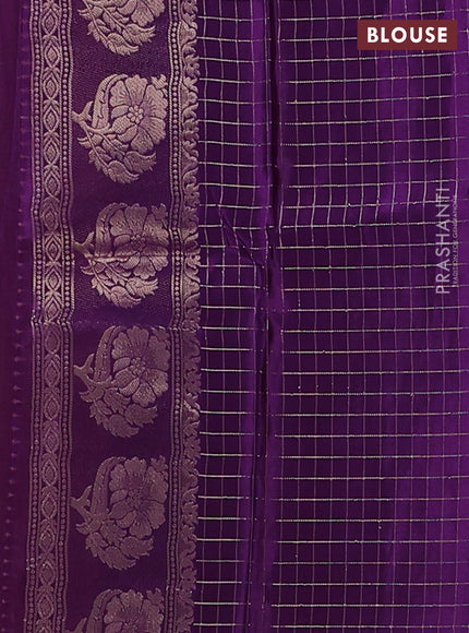 Semi mysore silk saree dark mustard and violet with allover small zari checks & buttas and floral zari woven border