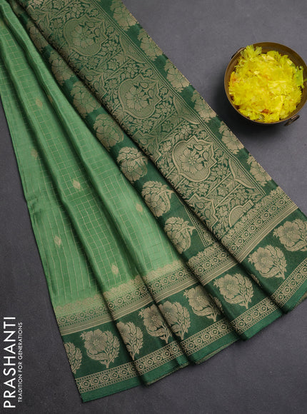 Semi mysore silk saree pastel green and green with allover small zari checks & buttas and floral zari woven border