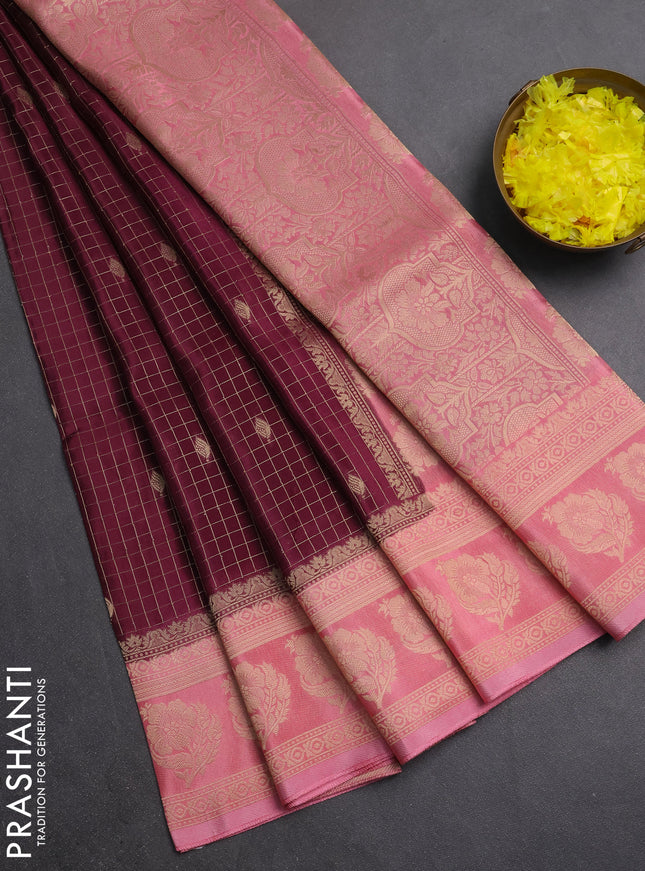 Semi mysore silk saree wine shade and light pink with allover small zari checks & buttas and floral zari woven border