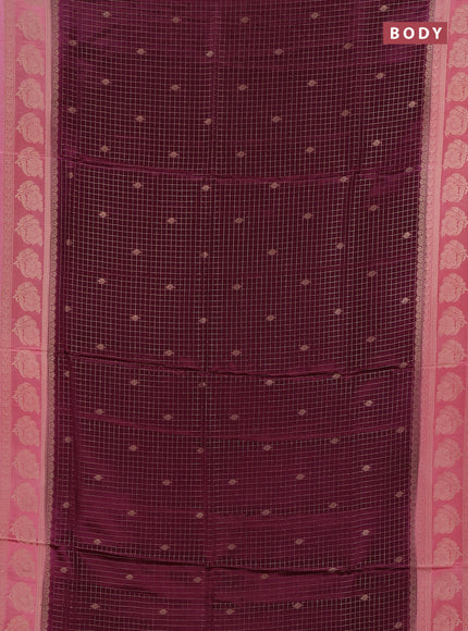 Semi mysore silk saree wine shade and light pink with allover small zari checks & buttas and floral zari woven border