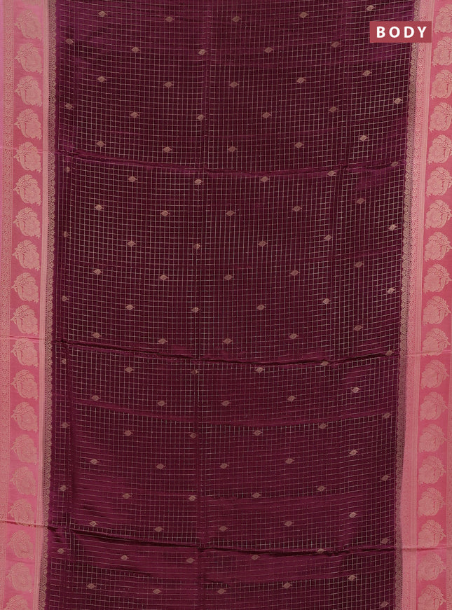 Semi mysore silk saree wine shade and light pink with allover small zari checks & buttas and floral zari woven border