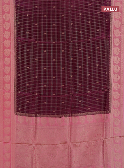 Semi mysore silk saree wine shade and light pink with allover small zari checks & buttas and floral zari woven border
