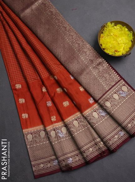 Semi mysore silk saree rustic orange and deep maroon with allover silver & gold zari woven buttas and zari woven border