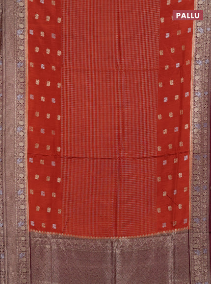 Semi mysore silk saree rustic orange and deep maroon with allover silver & gold zari woven buttas and zari woven border