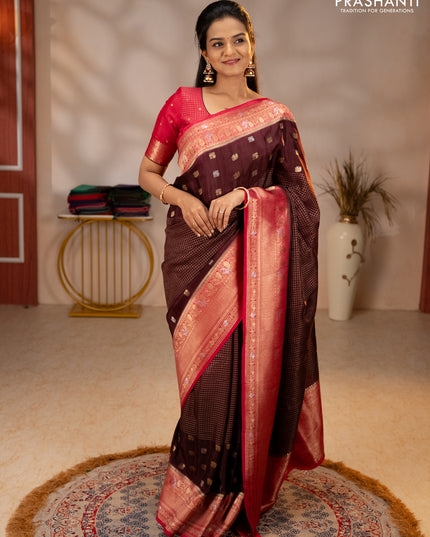 Semi mysore silk saree coffee brown and pink with allover silver & gold zari woven buttas and zari woven border