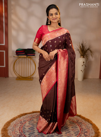 Semi mysore silk saree coffee brown and pink with allover silver & gold zari woven buttas and zari woven border