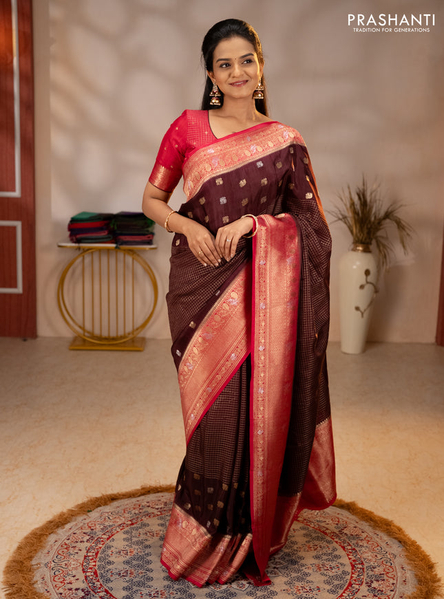 Semi mysore silk saree coffee brown and pink with allover silver & gold zari woven buttas and zari woven border