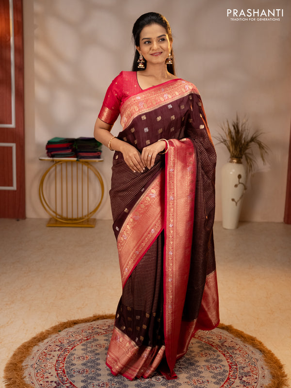 Semi mysore silk saree coffee brown and pink with allover silver & gold zari woven buttas and zari woven border