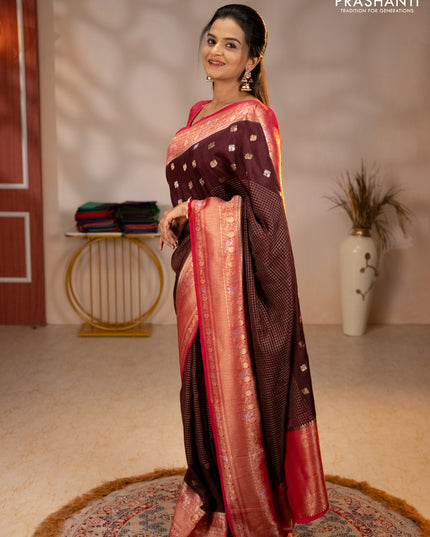 Semi mysore silk saree coffee brown and pink with allover silver & gold zari woven buttas and zari woven border