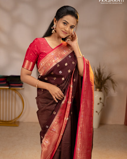 Semi mysore silk saree coffee brown and pink with allover silver & gold zari woven buttas and zari woven border
