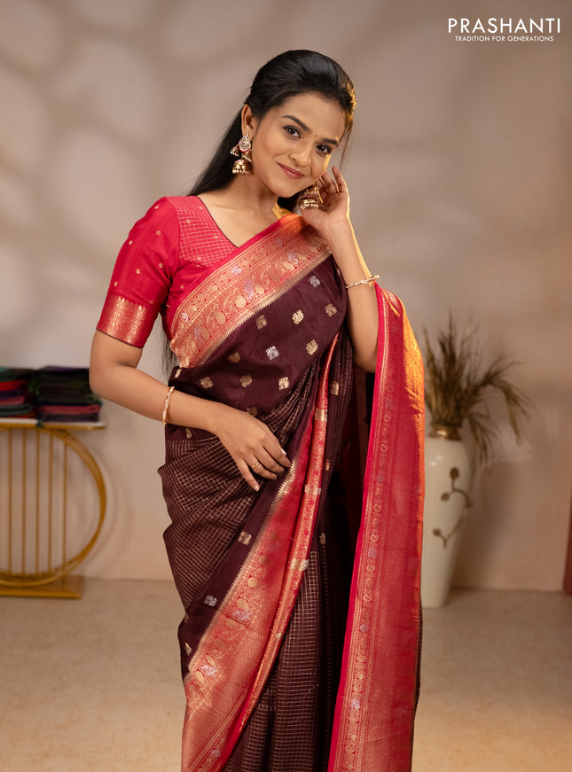 Semi mysore silk saree coffee brown and pink with allover silver & gold zari woven buttas and zari woven border