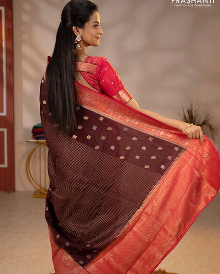 Semi mysore silk saree coffee brown and pink with allover silver & gold zari woven buttas and zari woven border