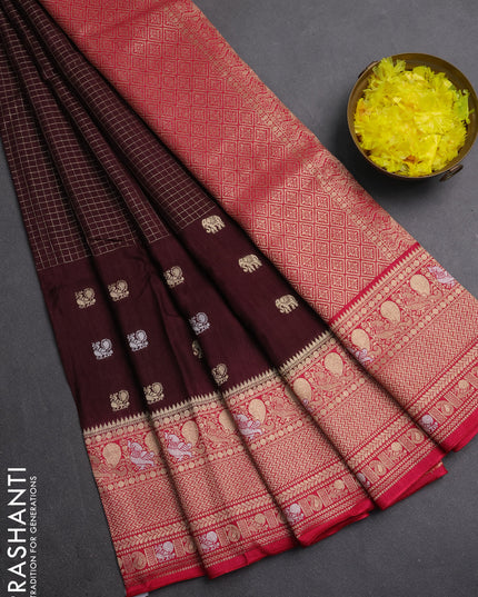 Semi mysore silk saree coffee brown and pink with allover silver & gold zari woven buttas and zari woven border