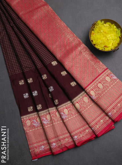 Semi mysore silk saree coffee brown and pink with allover silver & gold zari woven buttas and zari woven border