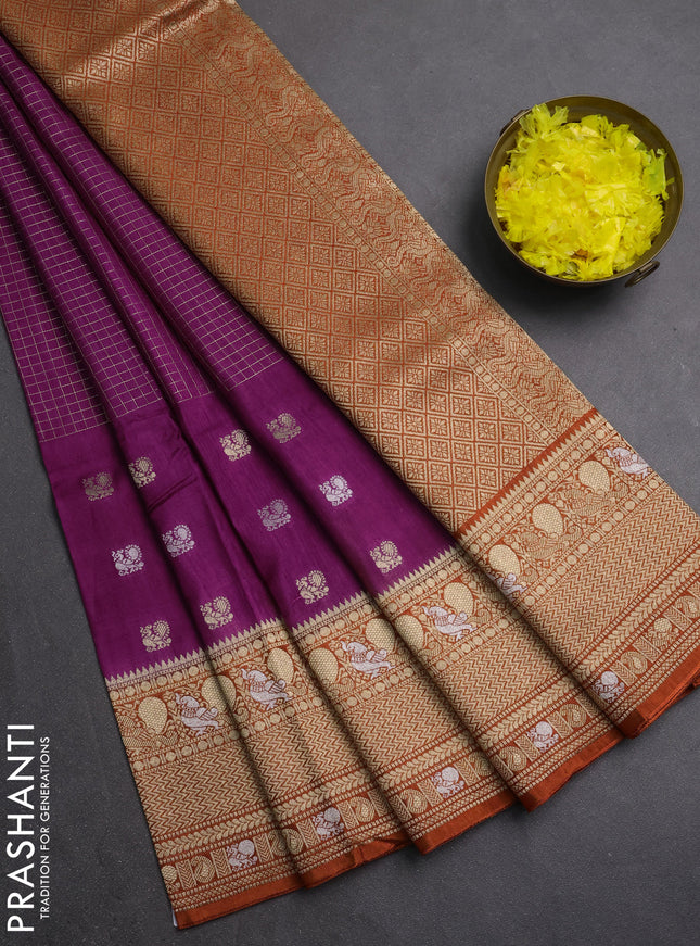 Semi mysore silk saree purple and rustic orange with allover silver & gold zari woven buttas and zari woven border