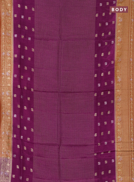 Semi mysore silk saree purple and rustic orange with allover silver & gold zari woven buttas and zari woven border