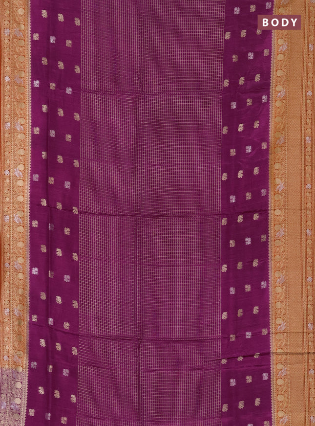 Semi mysore silk saree purple and rustic orange with allover silver & gold zari woven buttas and zari woven border