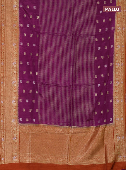 Semi mysore silk saree purple and rustic orange with allover silver & gold zari woven buttas and zari woven border