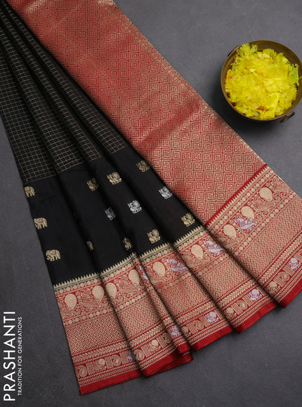 Semi mysore silk saree black and maroon with allover silver & gold zari woven buttas and zari woven border