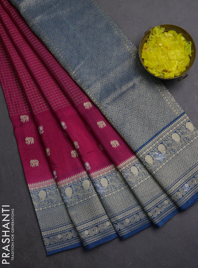 Semi mysore silk saree pink and peacock blue with allover silver & gold zari woven buttas and zari woven border