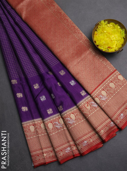 Semi mysore silk saree violet and maroon with allover silver & gold zari woven buttas and zari woven border
