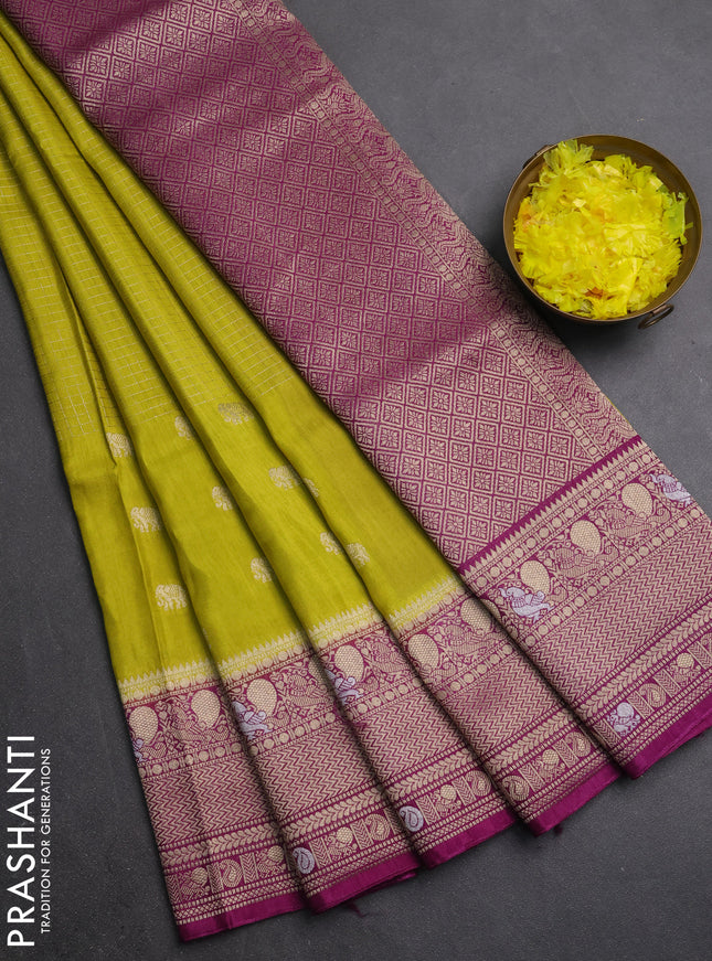 Semi mysore silk saree lime yellow and purple with allover silver & gold zari woven buttas and zari woven border