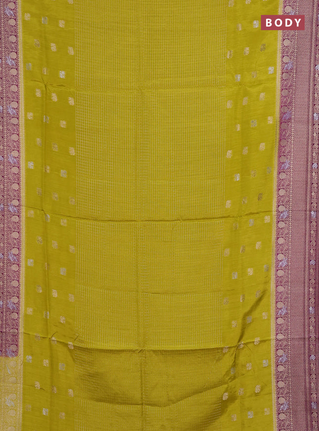 Semi mysore silk saree lime yellow and purple with allover silver & gold zari woven buttas and zari woven border