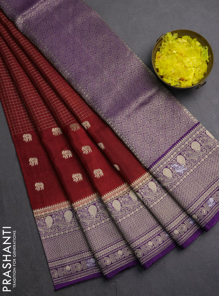 Semi mysore silk saree maroon and violet with allover silver & gold zari woven buttas and zari woven border